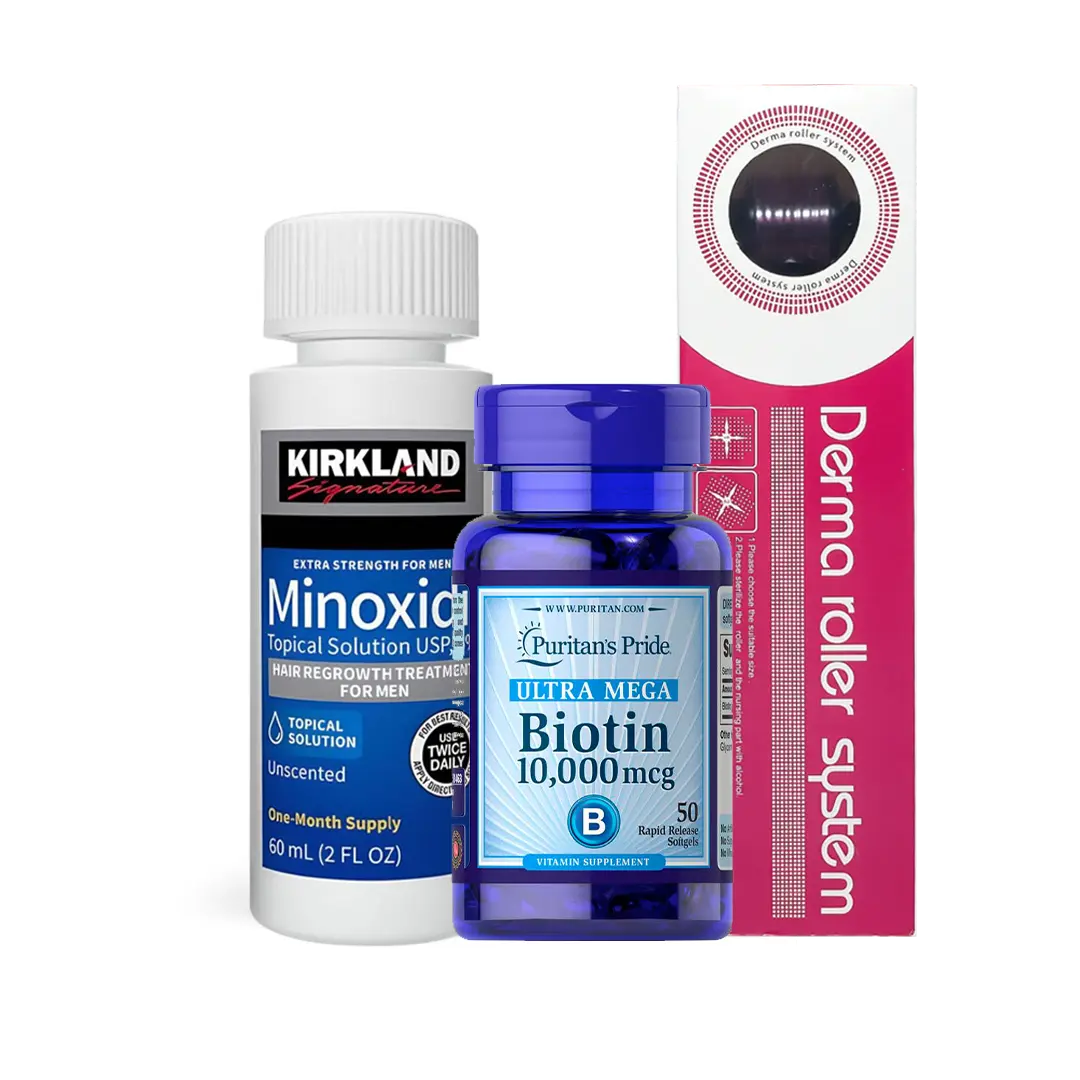 Combo Minoxidil 5% + Biotina de 50caps + Derma Roller