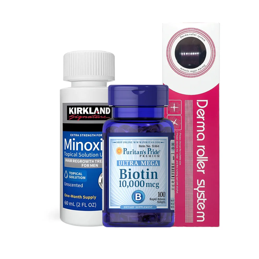 Combo Minoxidil 5% + Biotina de 100caps + Derma Roller
